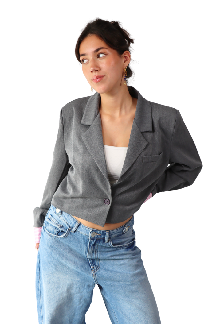 Donkergrijze met Roze Strepen Cropped - Blazer