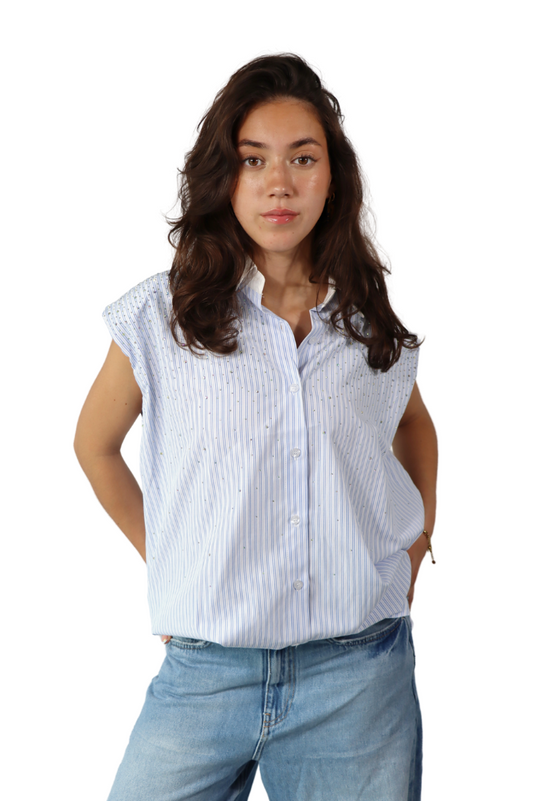 Lichtblauwe Gestreepte Mouwloze - Blouse