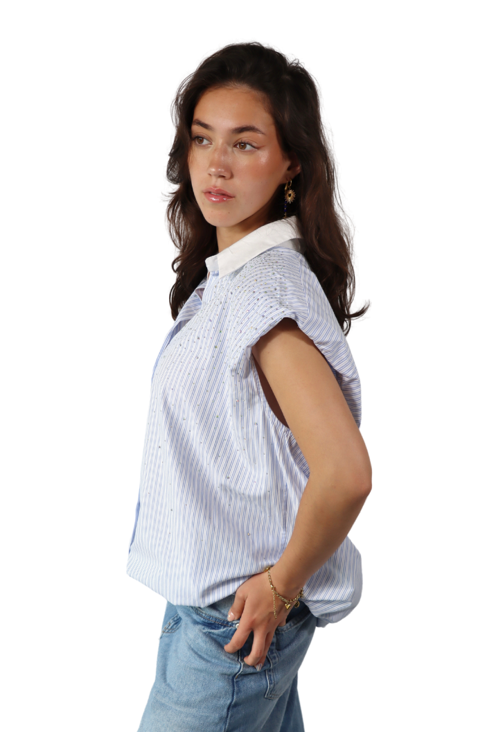 Lichtblauwe Gestreepte Mouwloze - Blouse
