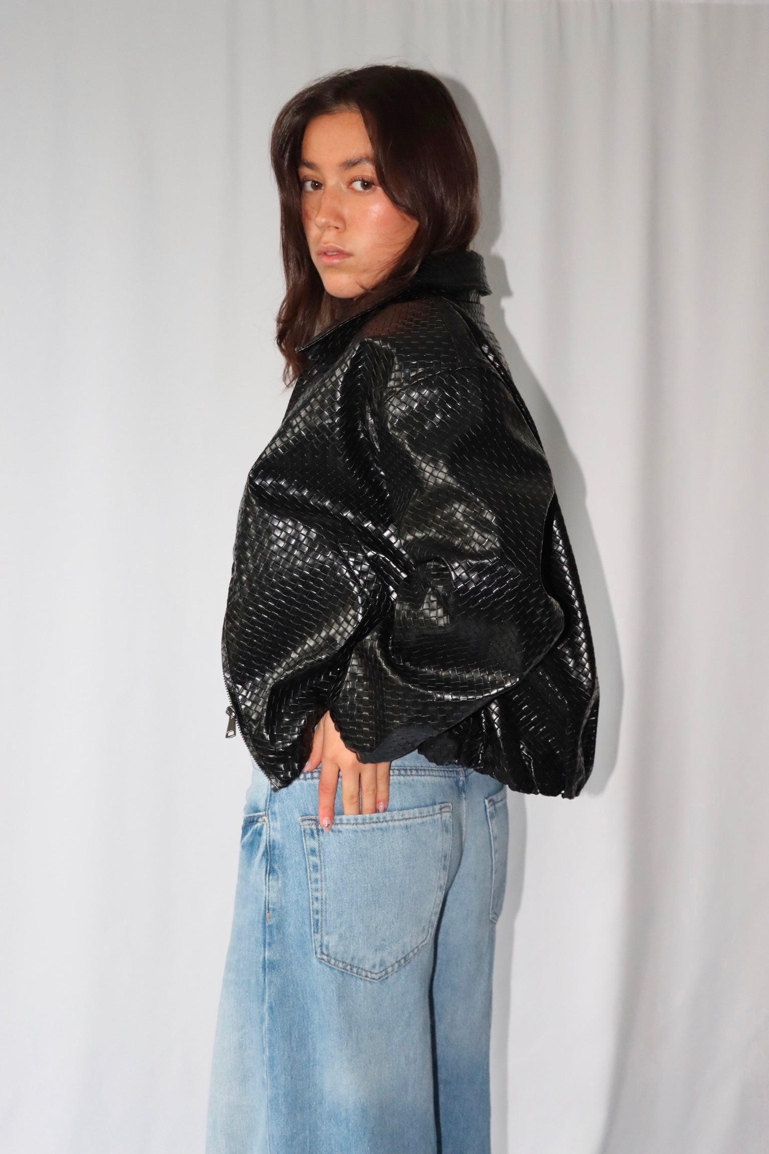 Zwarte Patroon PU-Leren Ballon - Jas