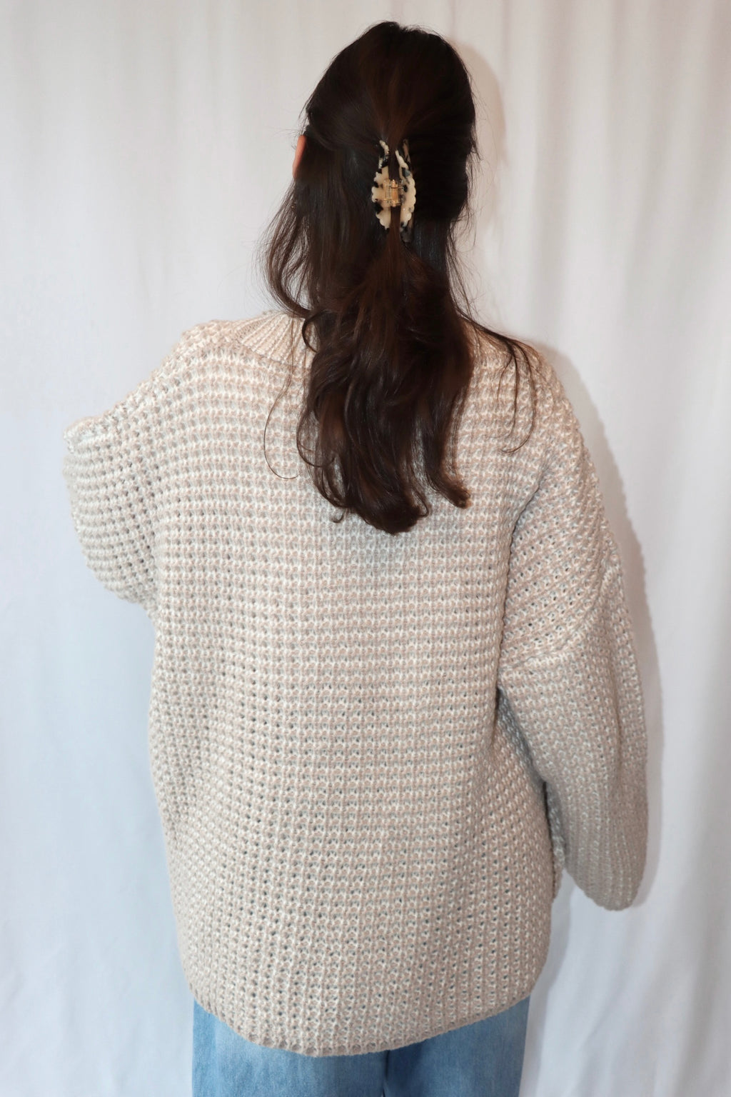 Beige-Witte Gebreide Oversized - Cardigan