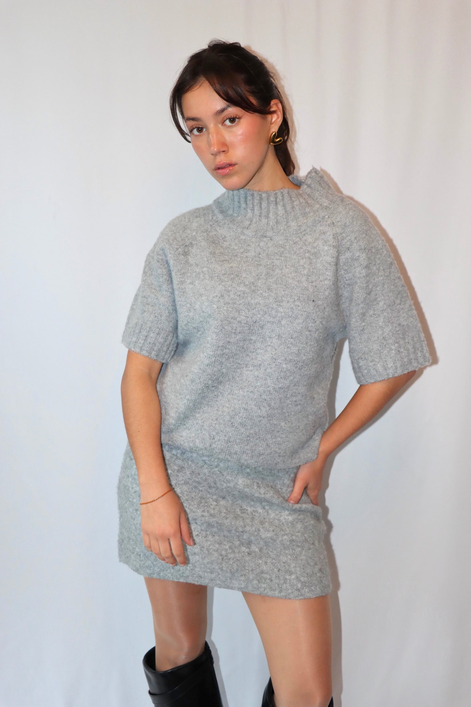 Grijze Gebreide 3/4 Mouw - Trui