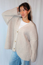 Beige-Witte Gebreide Oversized - Cardigan