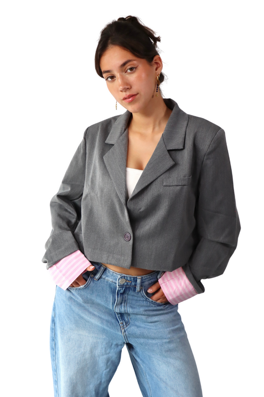 Donkergrijze met Roze Strepen Cropped - Blazer