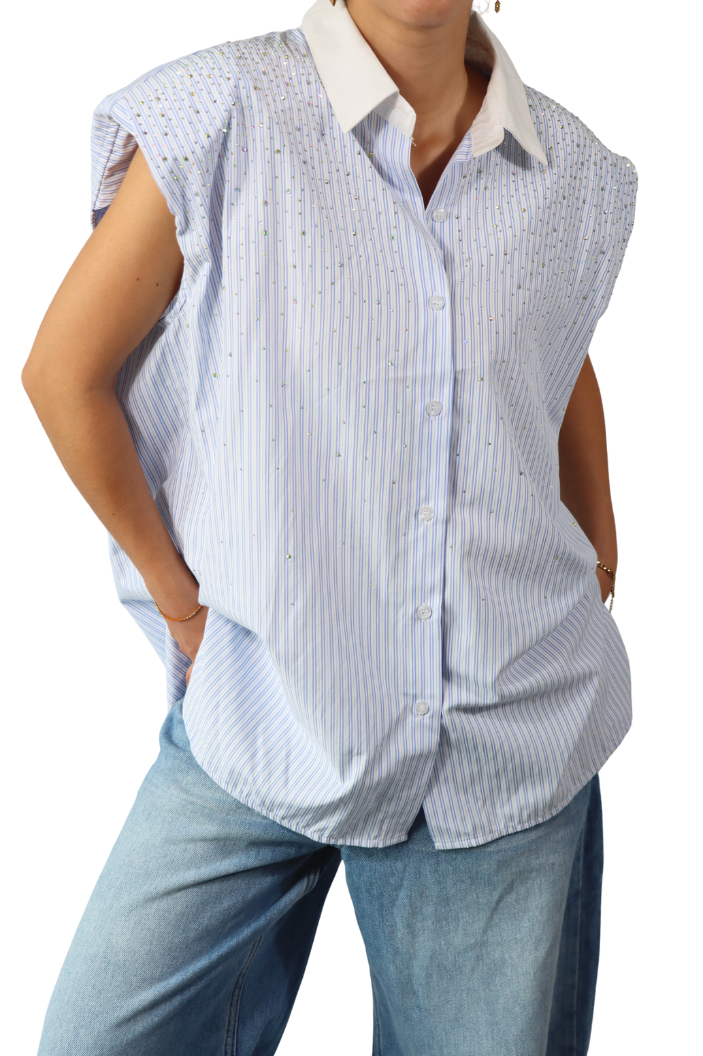 Lichtblauwe Gestreepte Mouwloze - Blouse